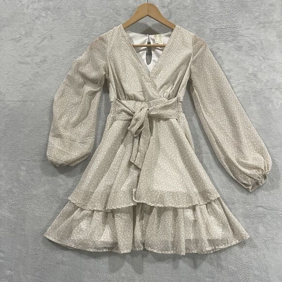 Japna Flowy A-Line Dress‎ Women's XS V Neck Beige Ruffle Polyester - Picture 1 of 8